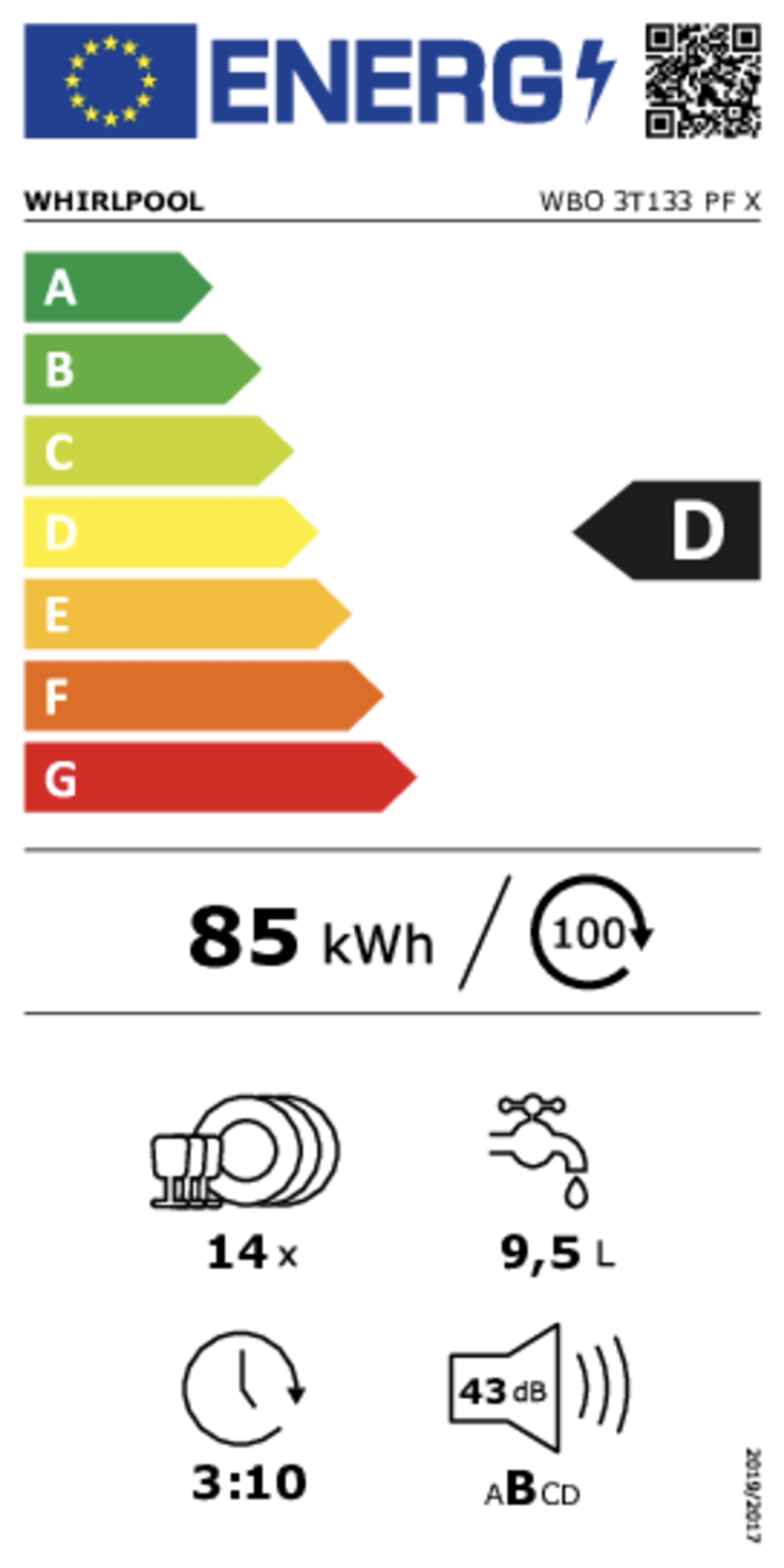 Whirlpool WBO 3T133 PF X Semi-integrated Dishwasher image