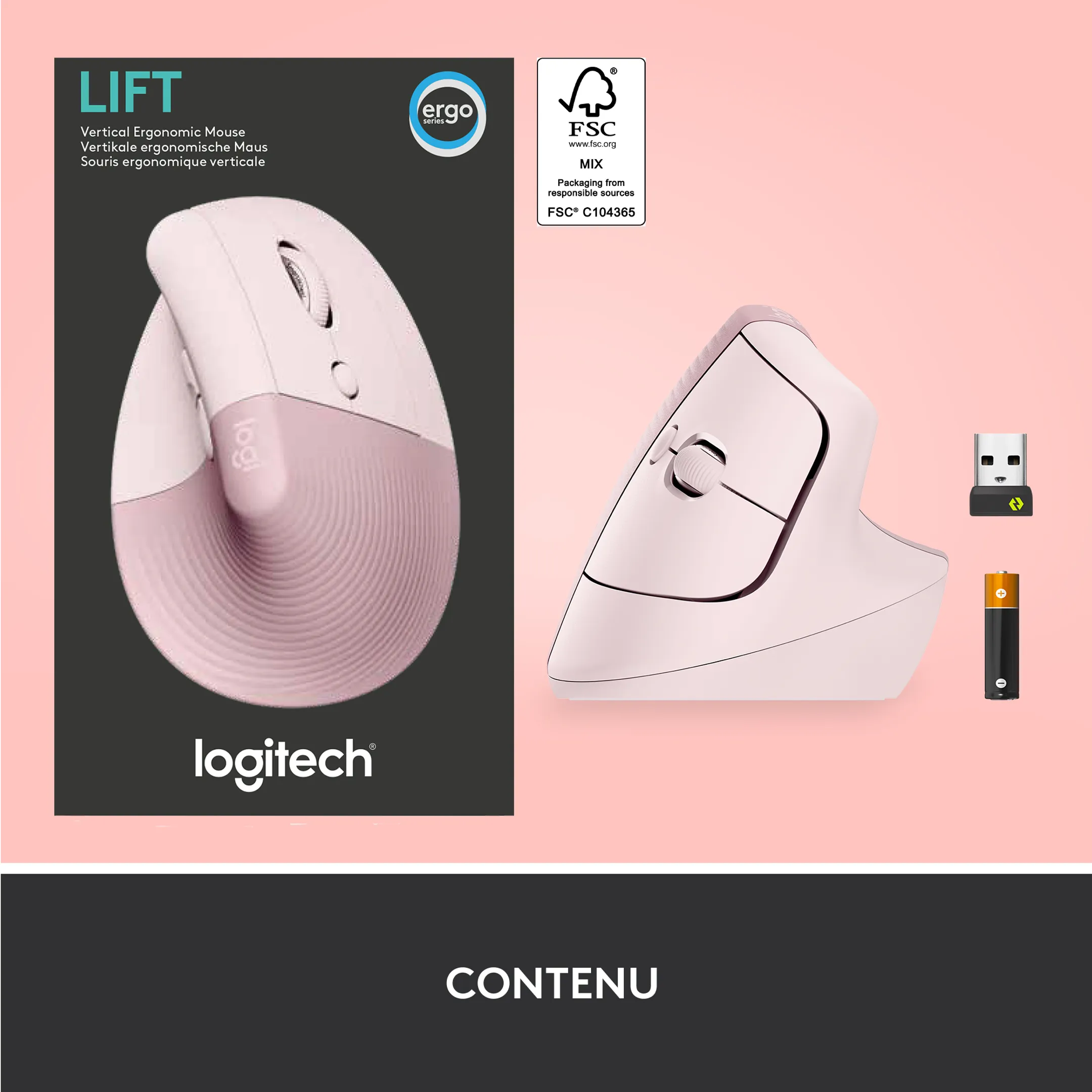 Logitech Kabellose-Maus LIFT Ergo - Rosa image