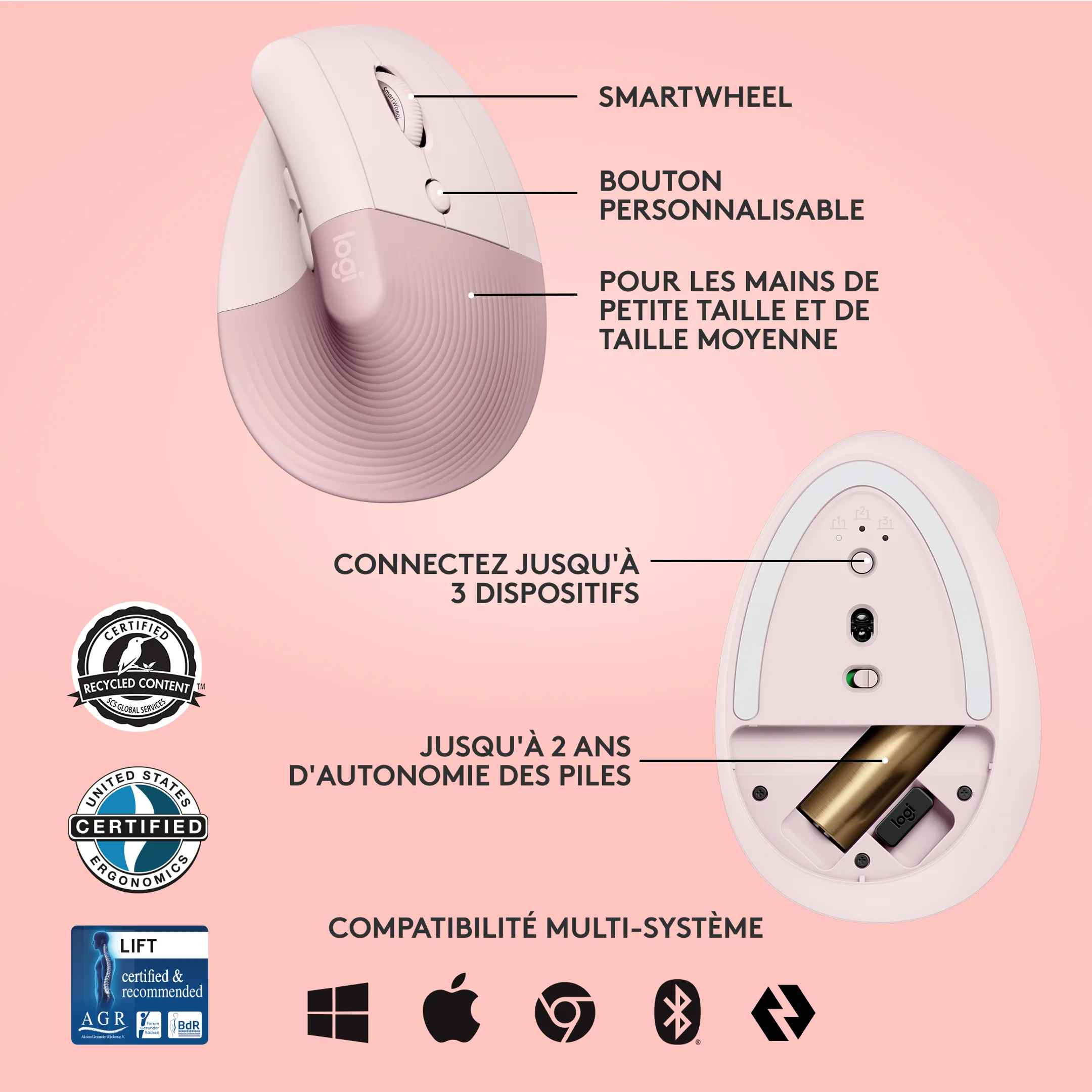 Logitech Kabellose-Maus LIFT Ergo - Rosa image