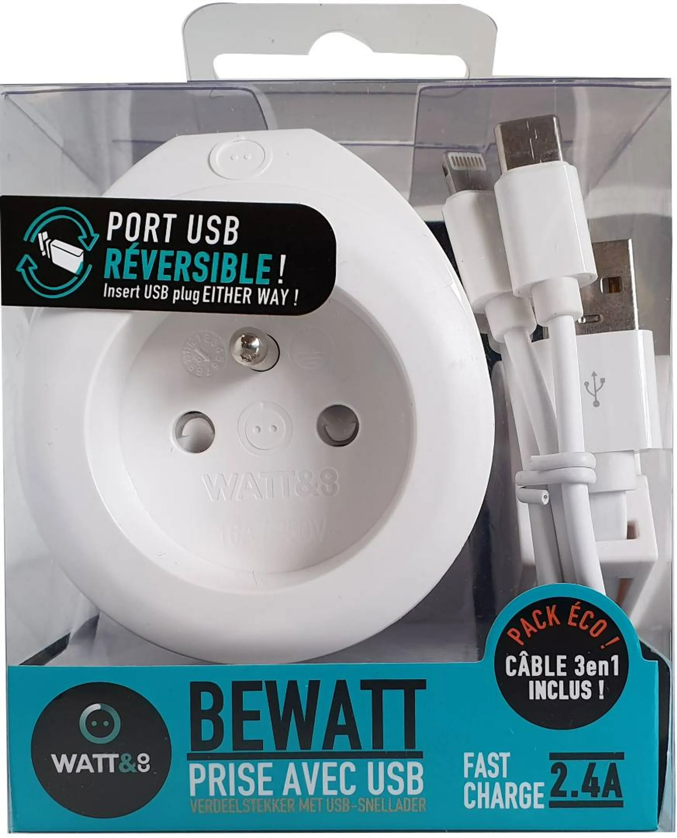 Prise avec Chargeur USB Réversible  - Blanc