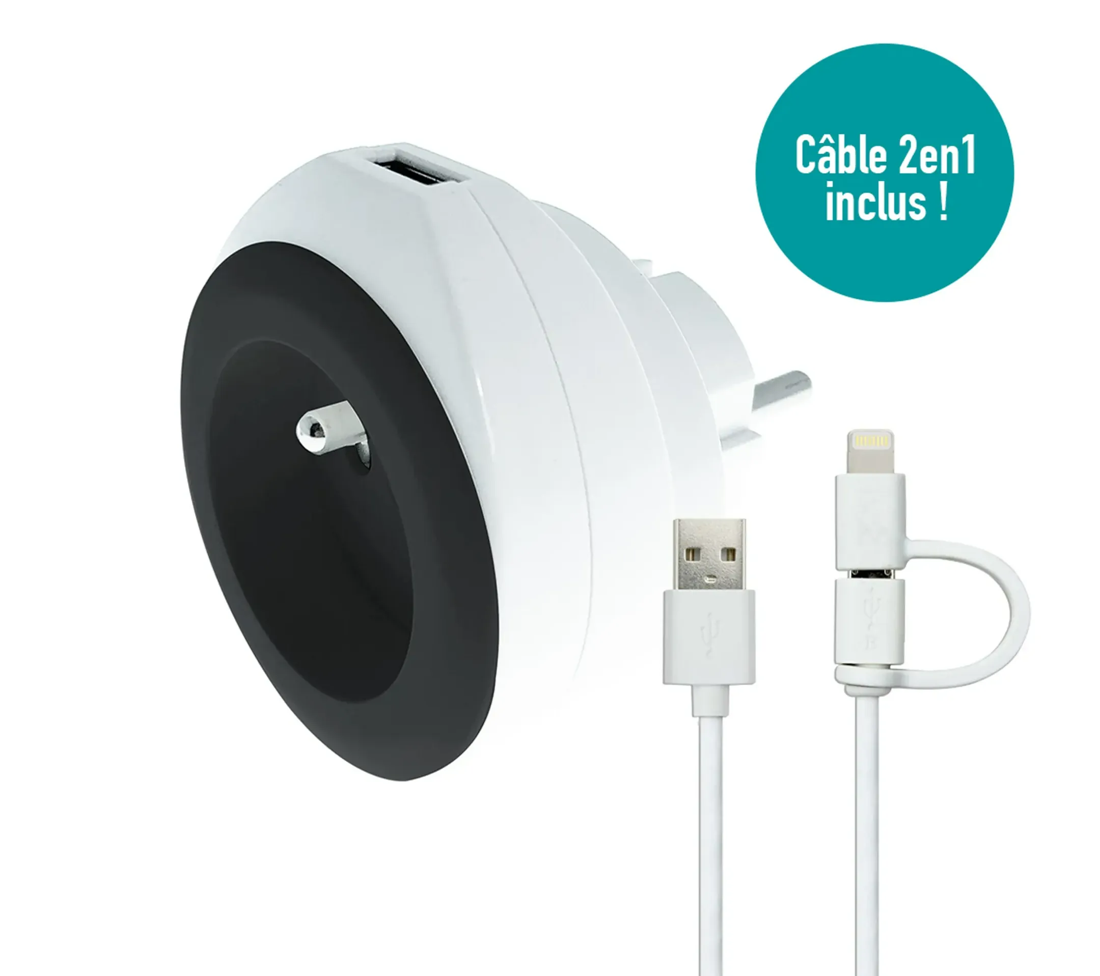 Prise avec Chargeur USB Réversible  - Noir