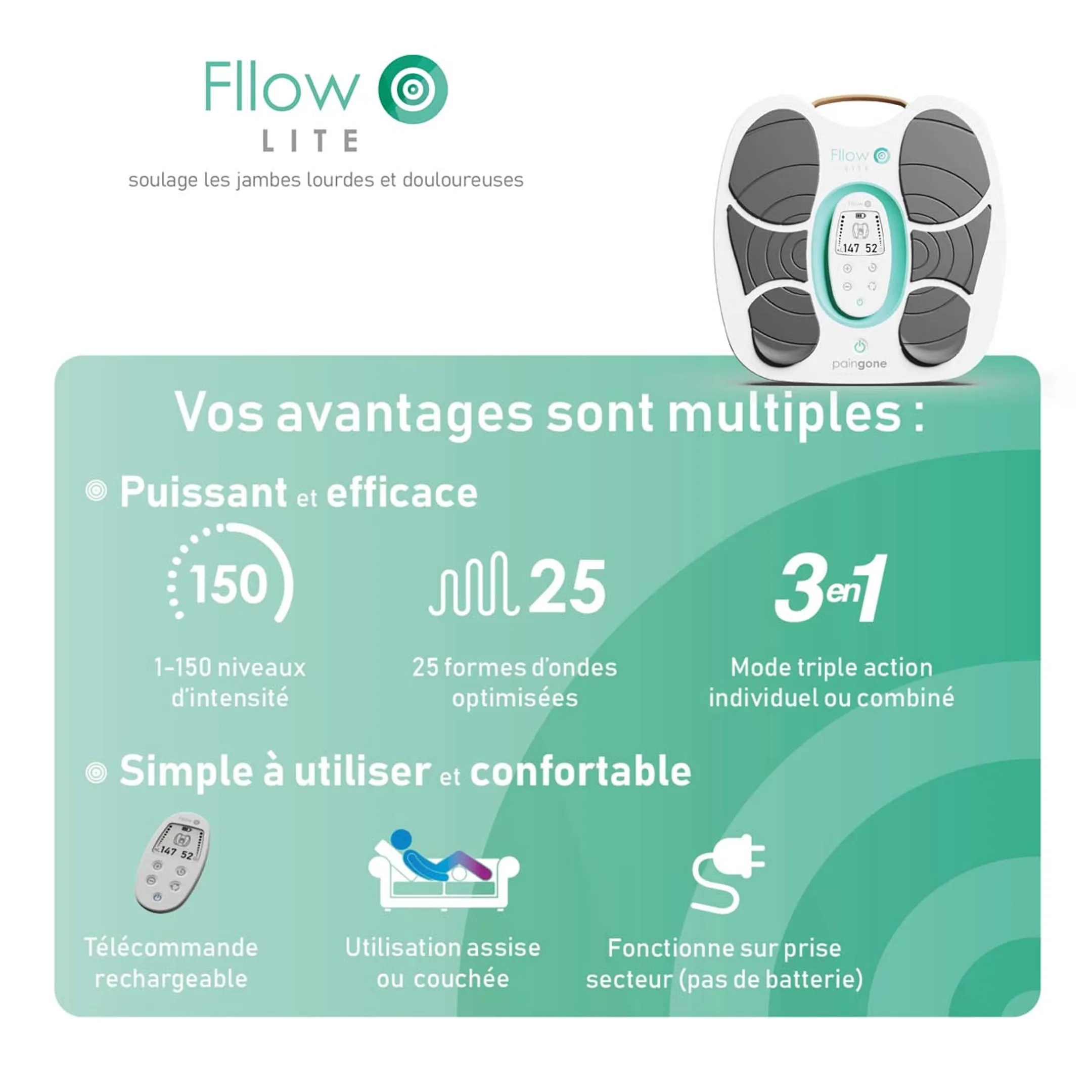 Paingone Stimulateur Musculaire Fllow Lite - Jambes Lourdes et Douloureuses image