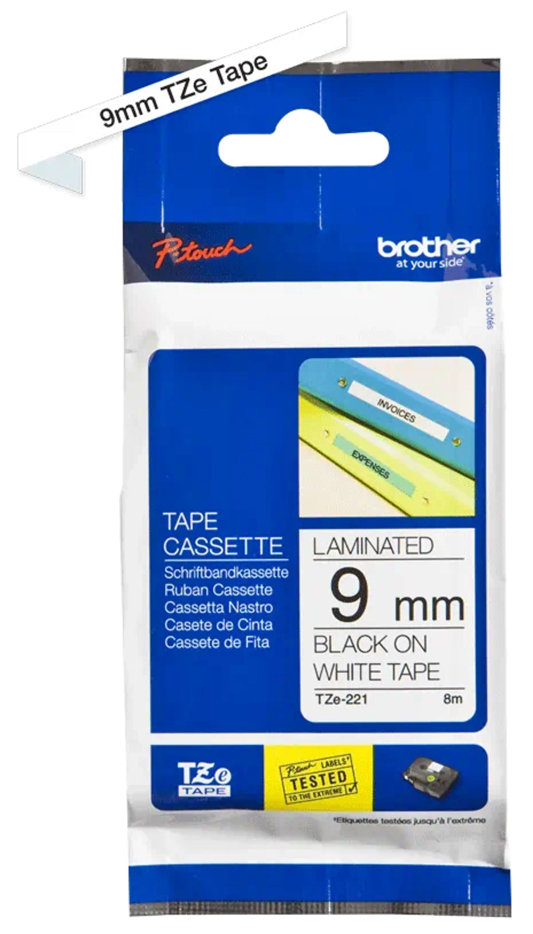 Ruban pour étiqueteuse 9mm TZe-221 - Noir sur blanc