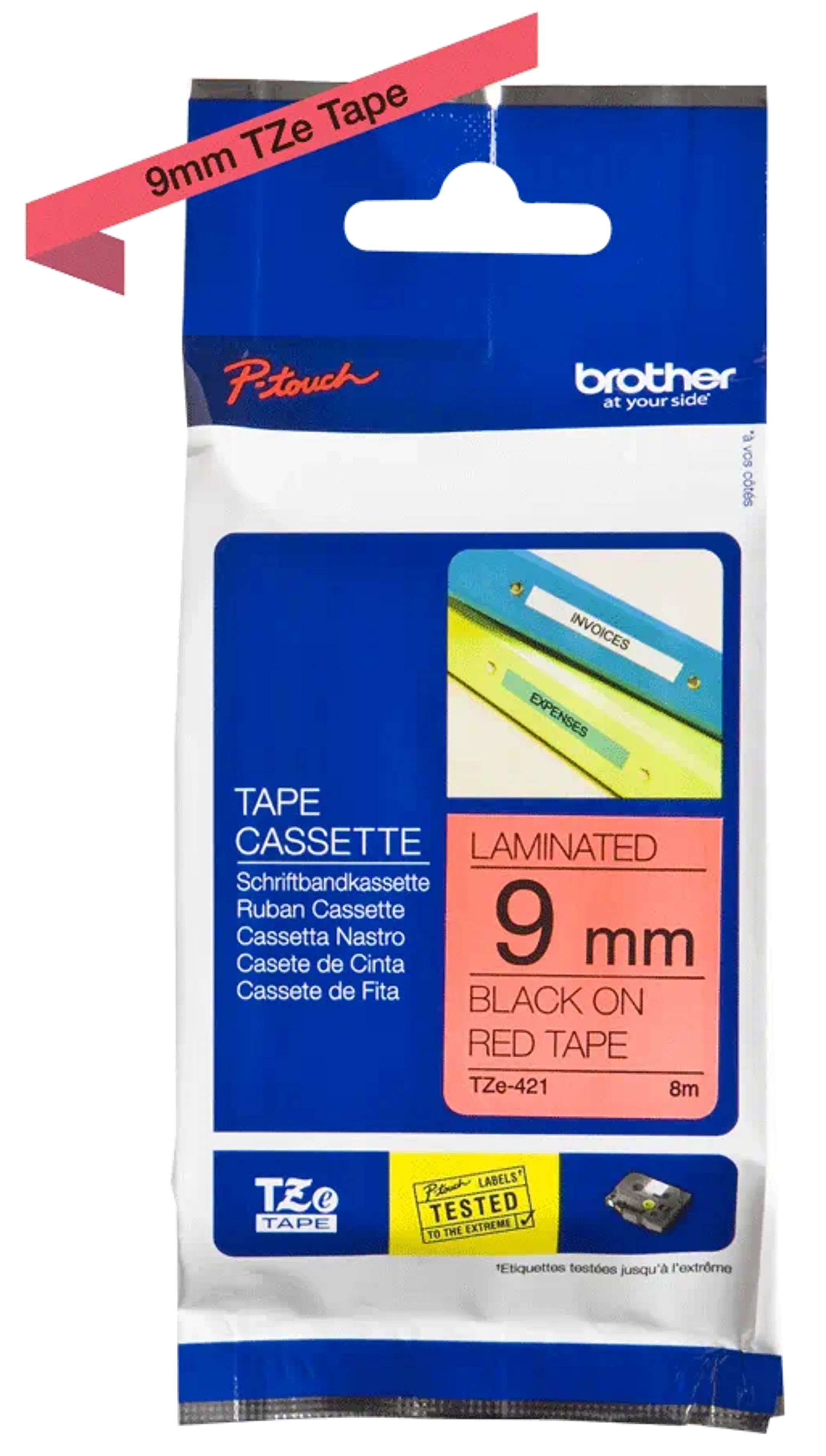 Ruban pour étiqueteuse 9mm TZe-421 - Noir sur rouge