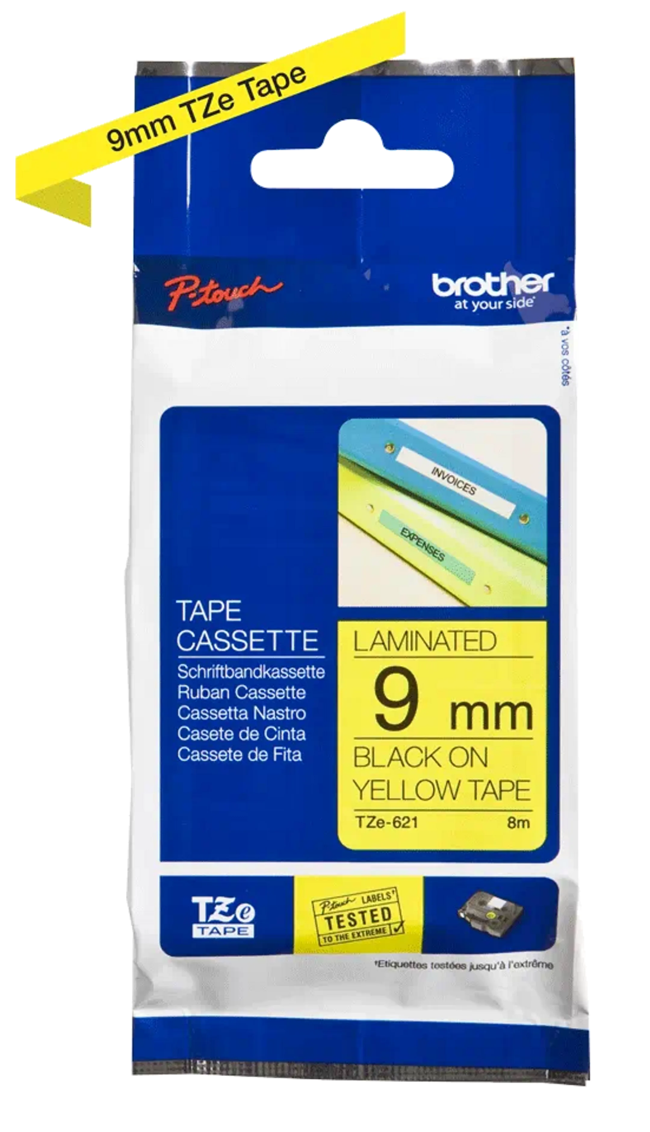 Ruban pour étiqueteuse 9mm TZe-221 - Noir sur jaune