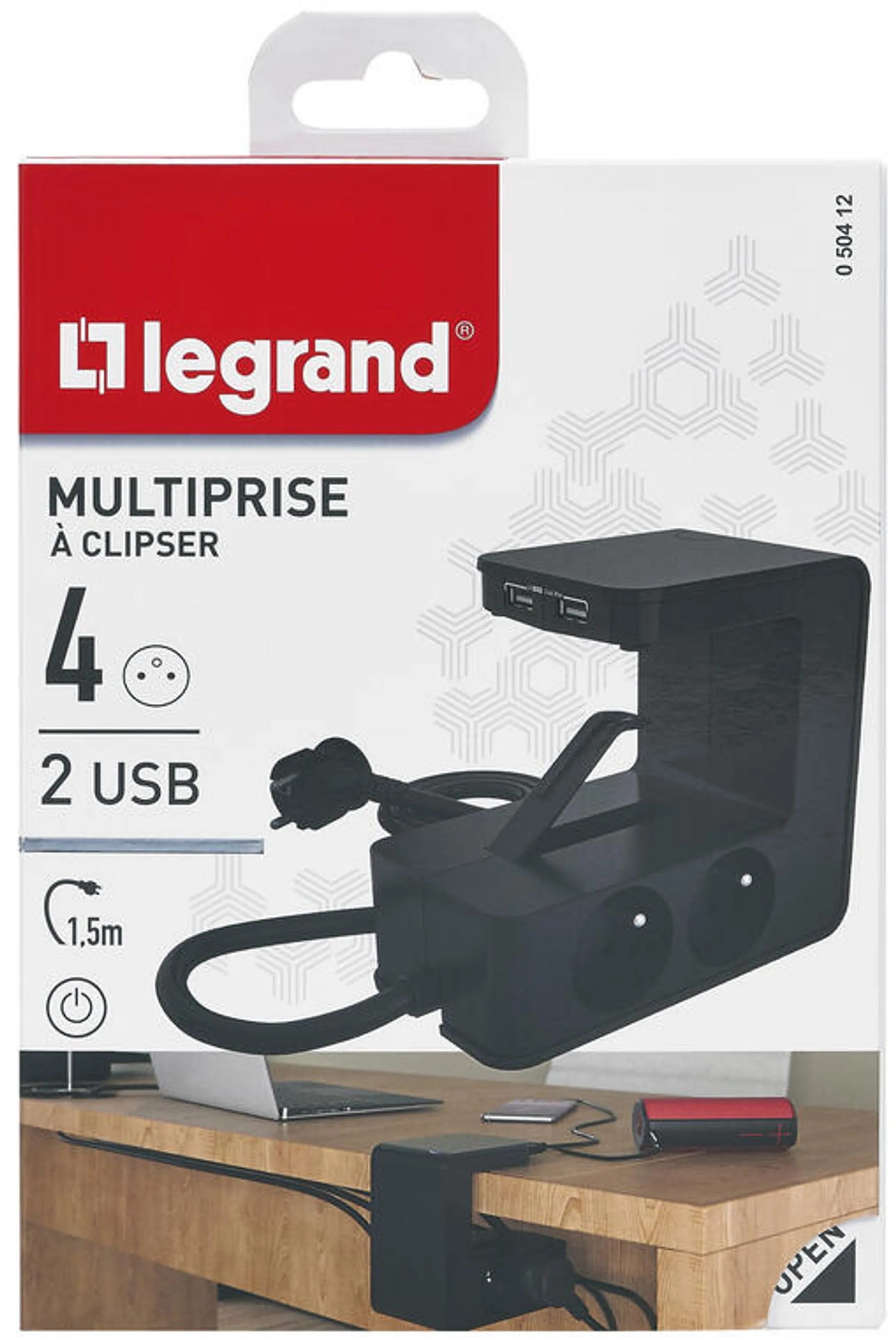 LEGRAND Clip-On Power Strip - 4 Outlets + 2 USB-A - Black image