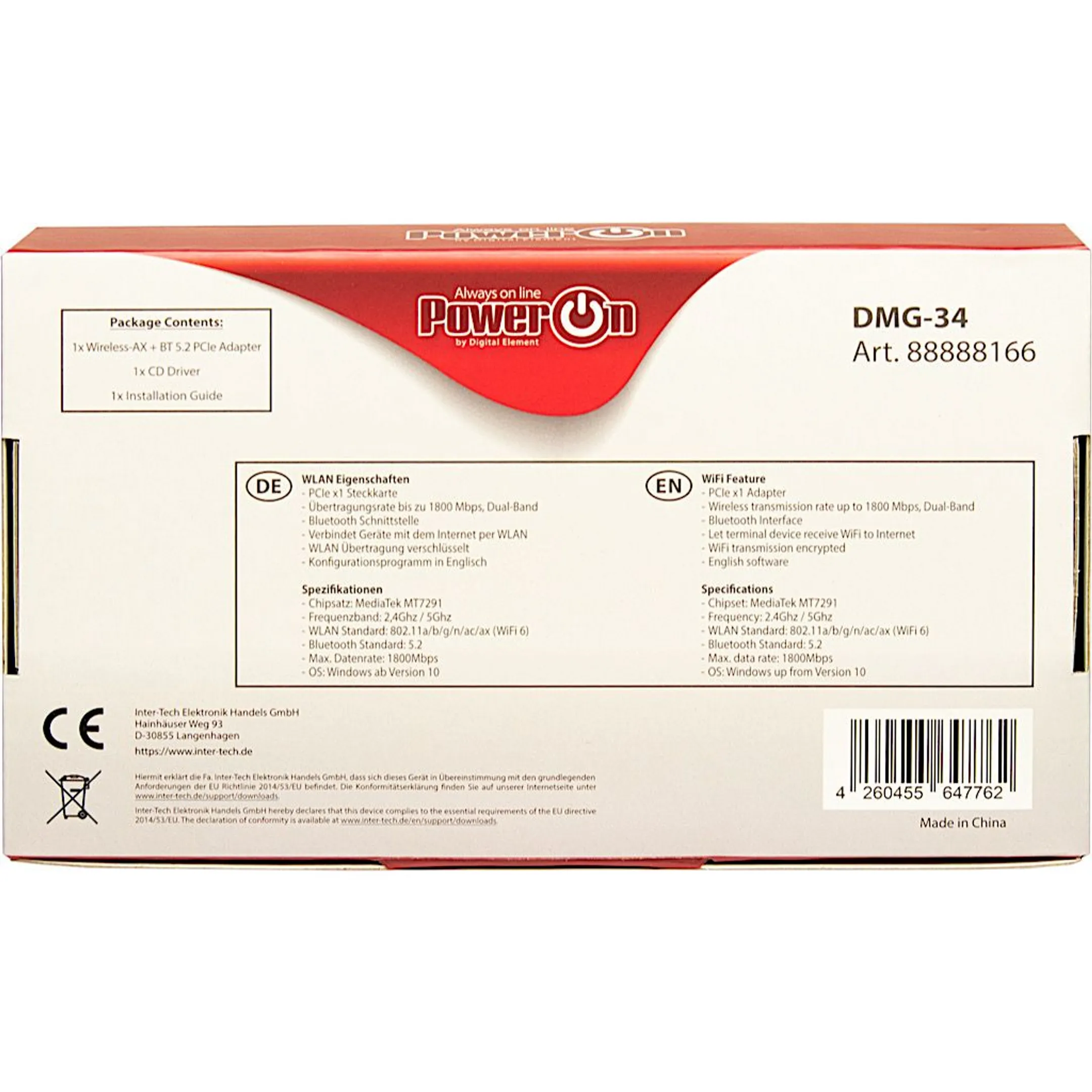 Inter-Tech Wi-Fi 6 + Bluetooth 5.2 PCI-E DMG-34 adapter image