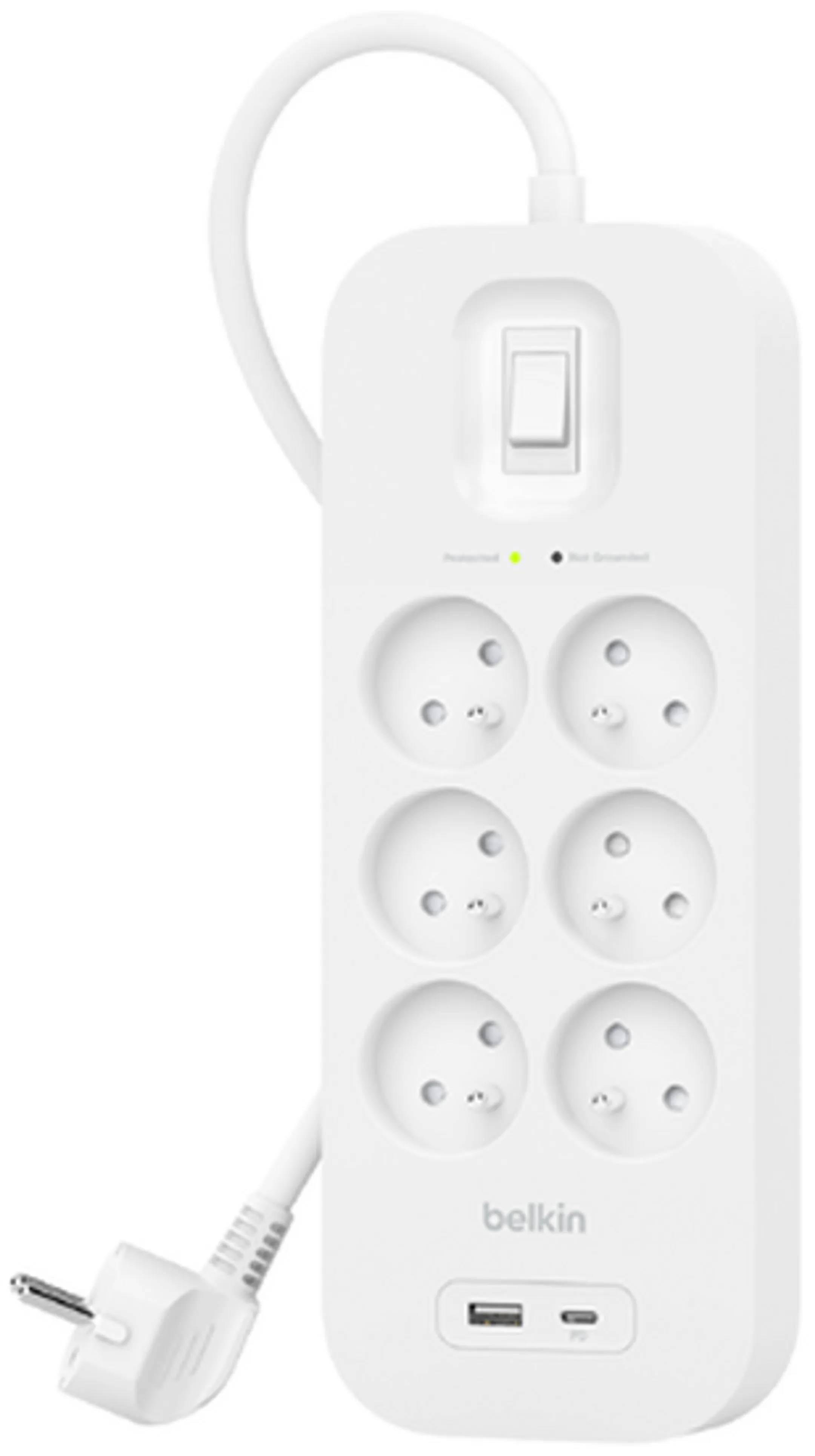 Multi-prise Parafoudre - 6 prises - 1 USB-A - 1 USB-C - Blanc
