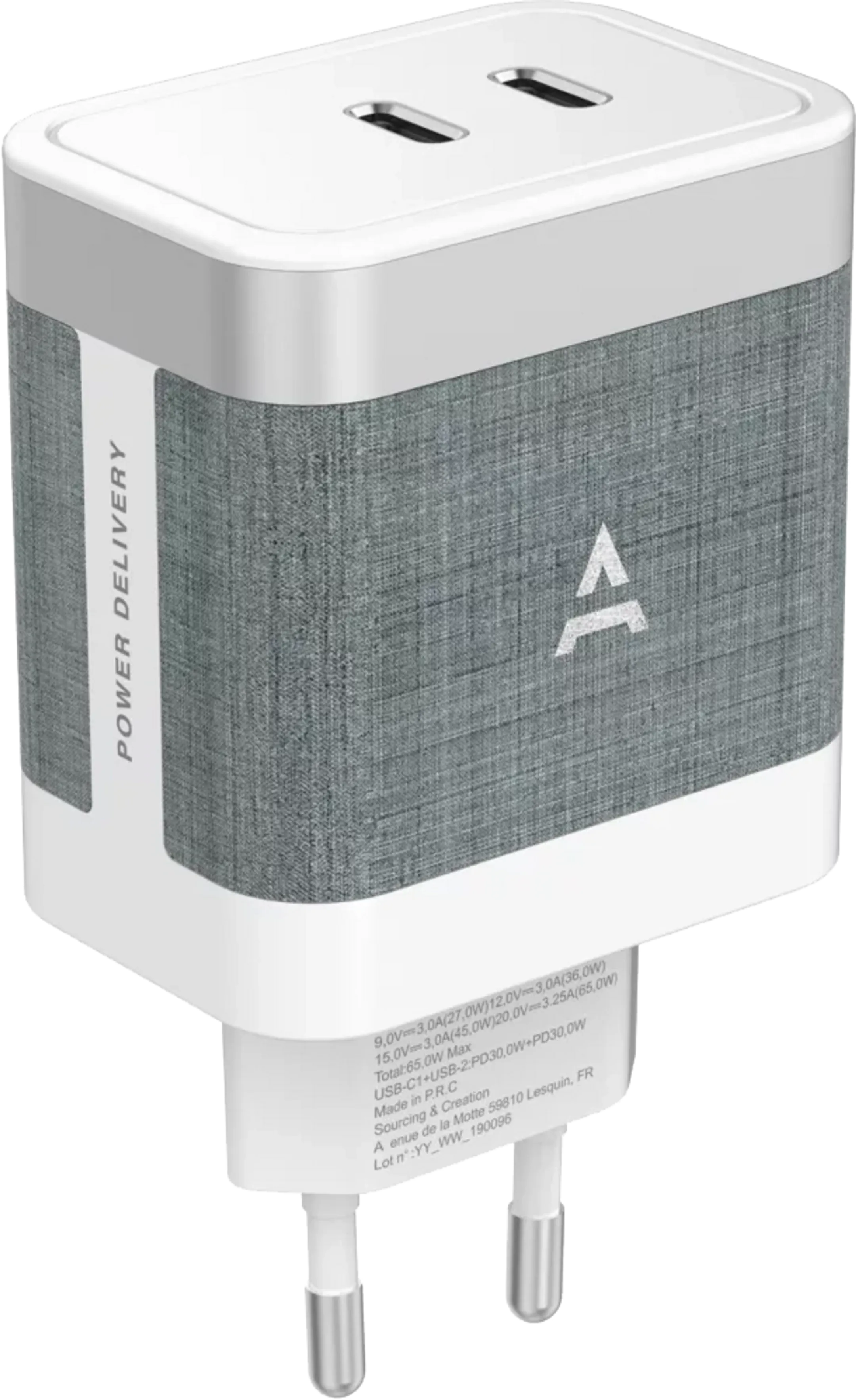 Chargeur secteur USB-C x2 65W - Blanc/Gris