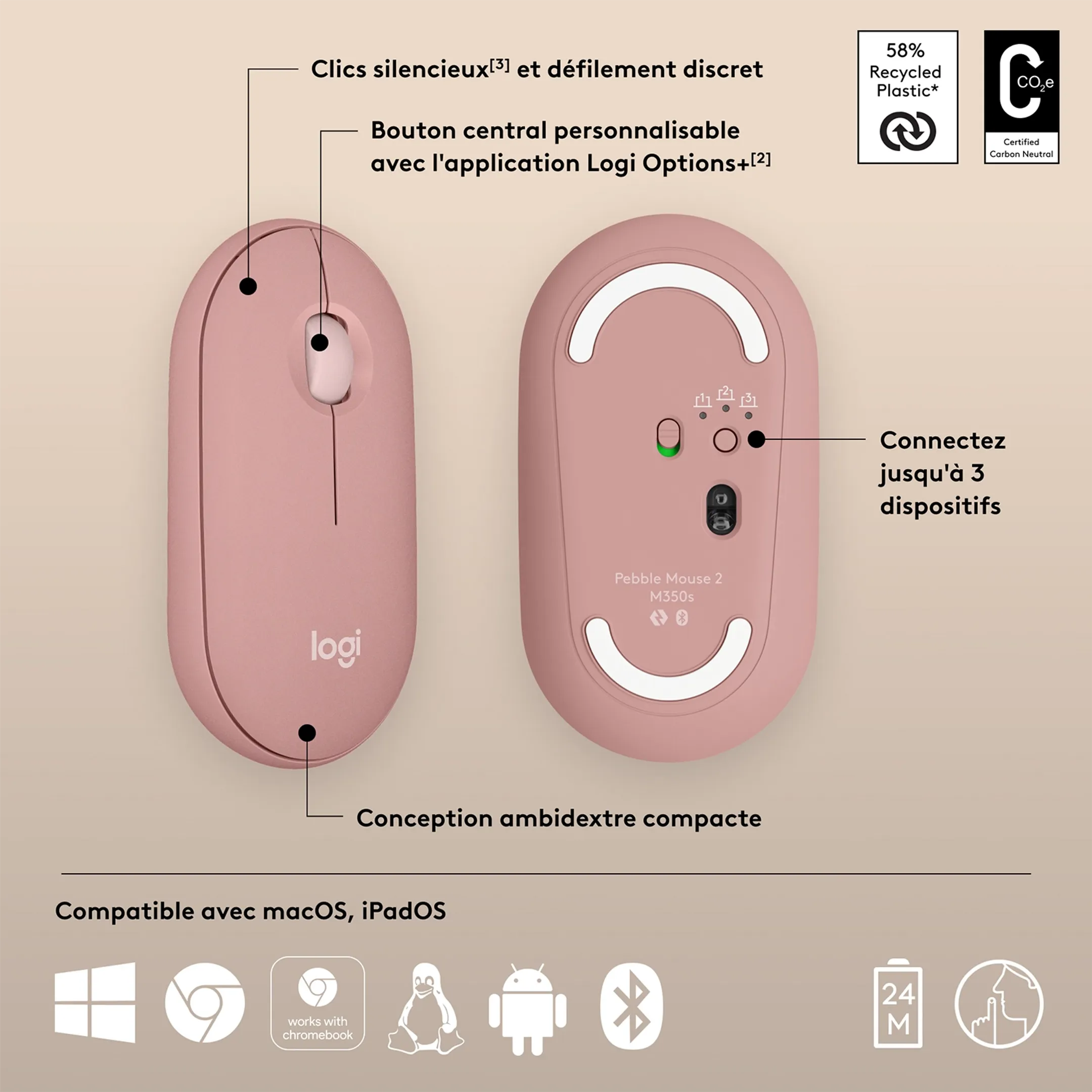 Logitech Souris sans Fil Bluetooth Pebble Mouse 2 M350s - Rose image