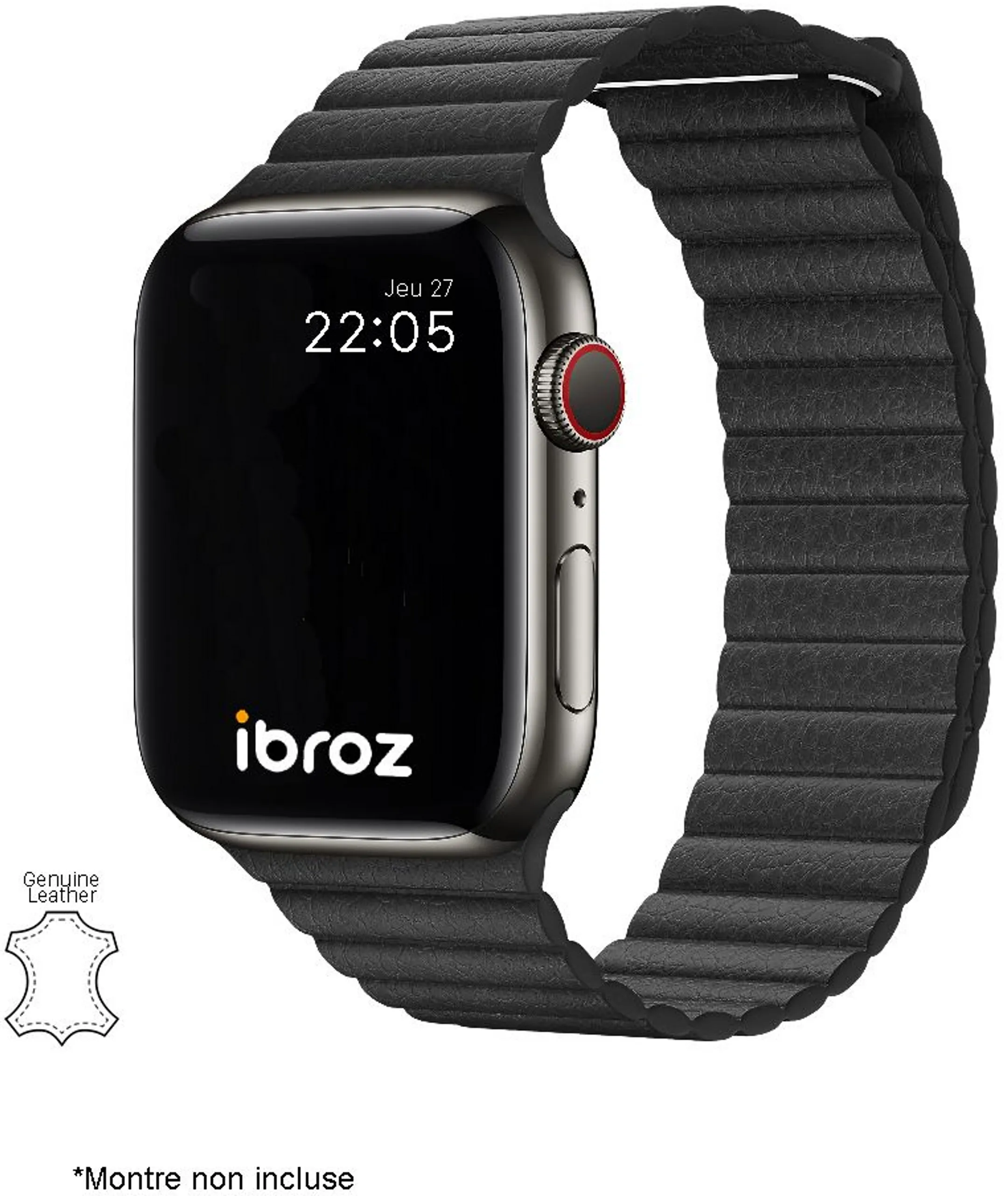 Bracelet pour Montre connectée Apple Watch 7, 6, SE, 5, 4 - 42/44/45mm - Cuir - Noir
