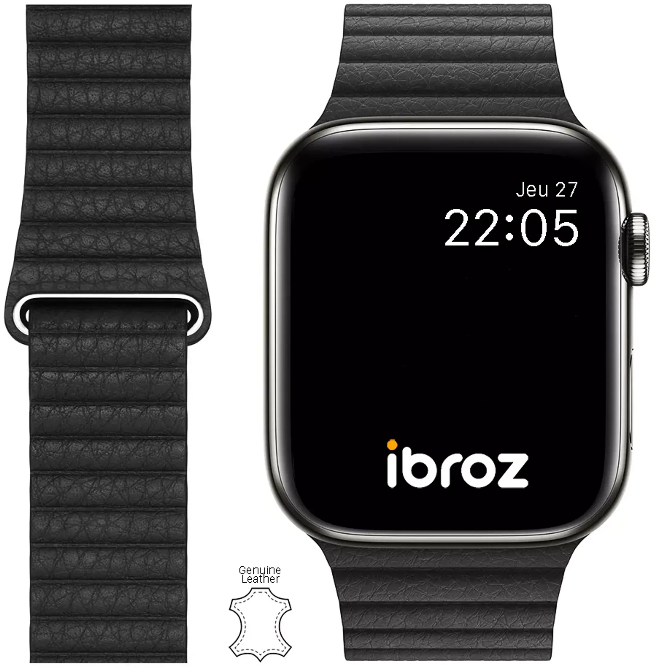 IBROZ Armband für Apple Watch 7, 6, SE, 5, 4 - 42/44/45mm - Leder - Schwarz image