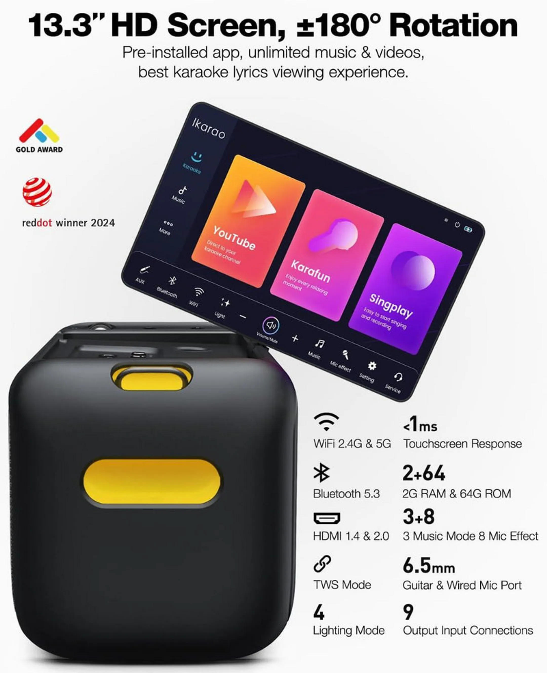 IKARAO Bluetooth karaoke speaker Break X1 with 2 microphones image