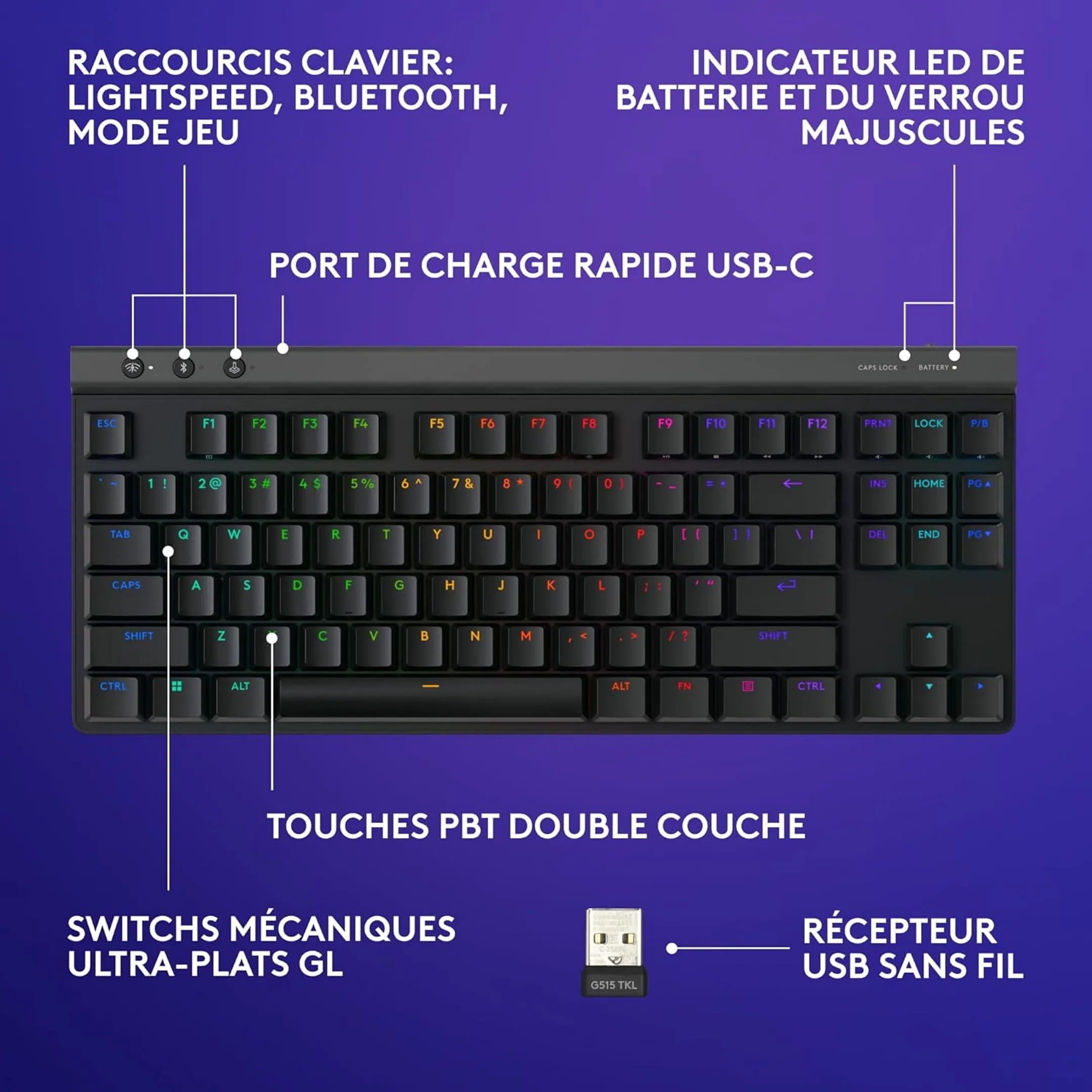 Logitech Clavier gaming sans fil G515 Lightspeed TKL - QWERTZ - Noir image