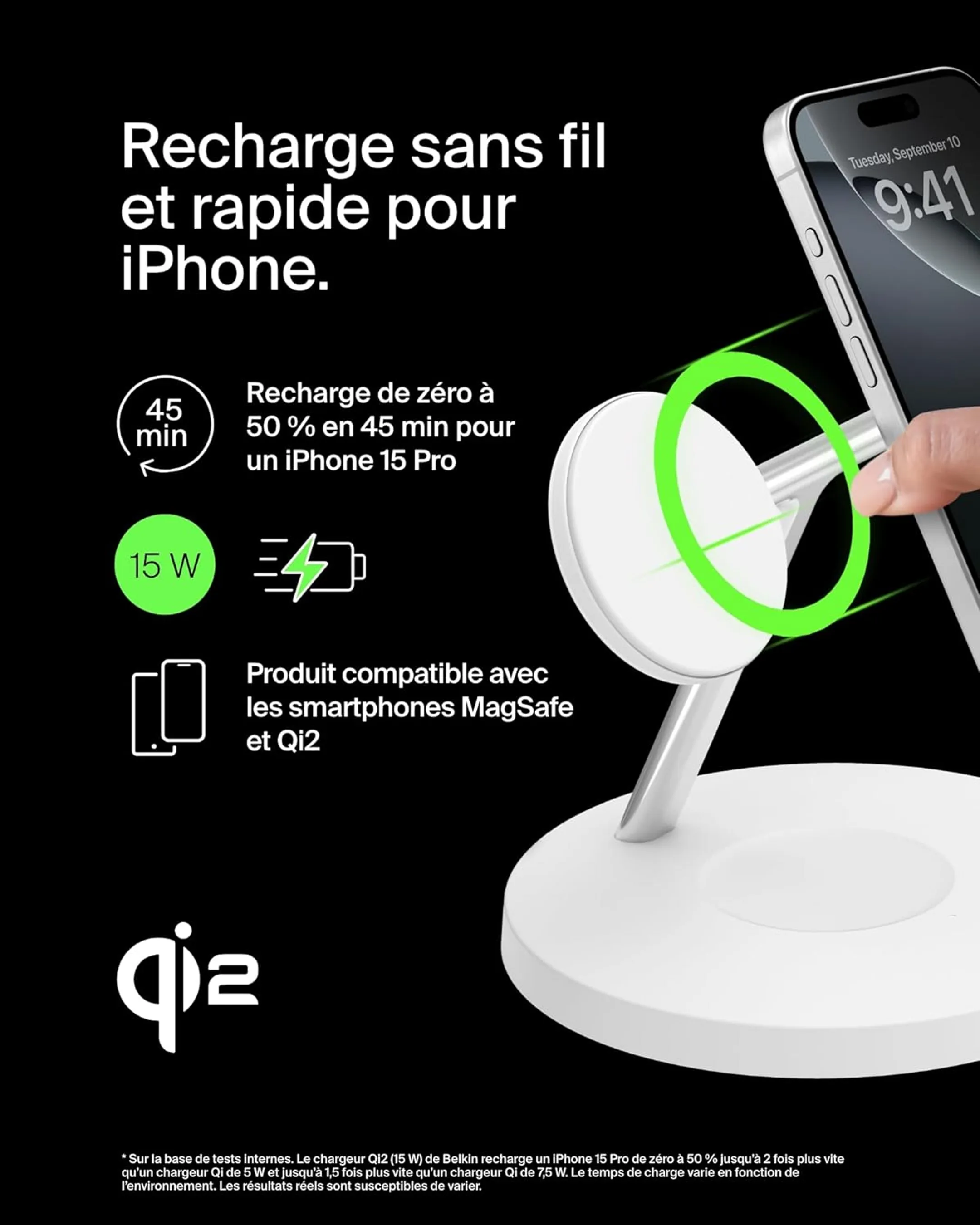 Belkin Station de recharge 3-en-1 avec Qi2 BoostCharge Pro - 15W - Blanc image