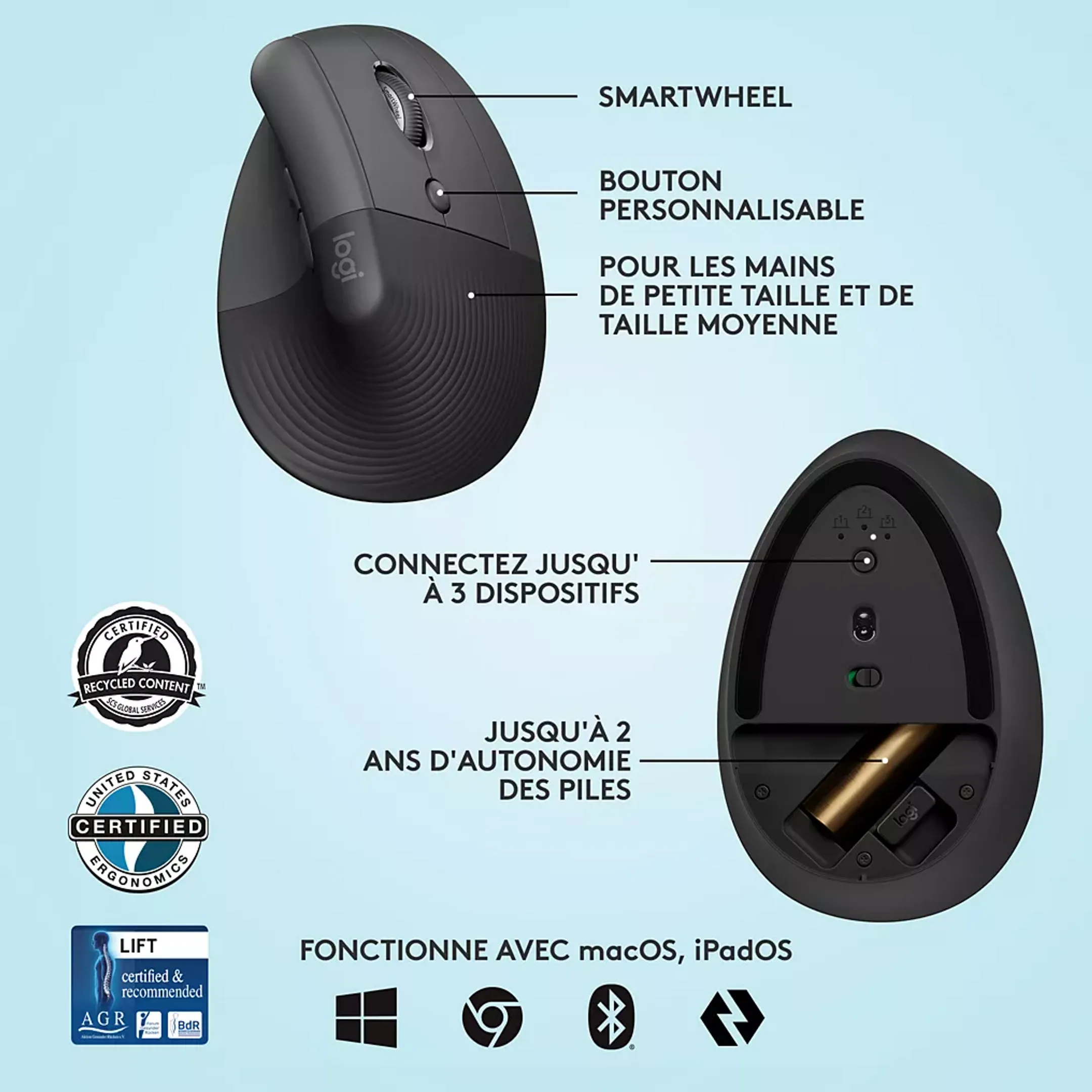 Logitech Souris sans fil ergonomique verticale Lift - Noir image