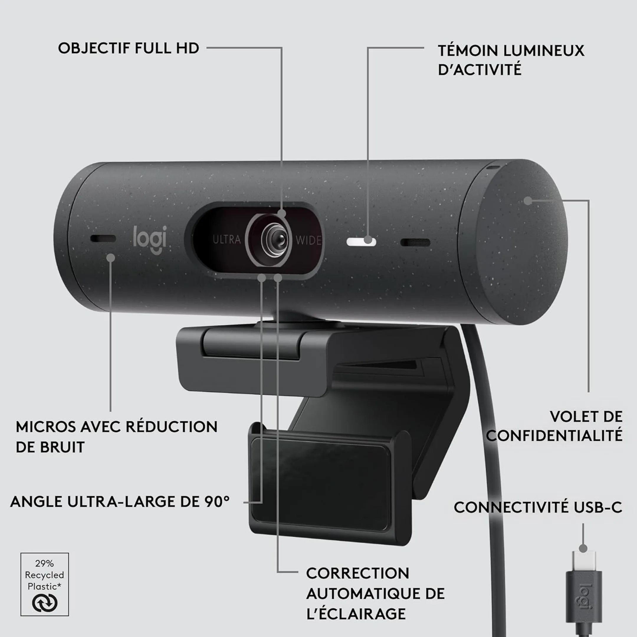 Logitech Webcam FHD Brio 500 - Noir image