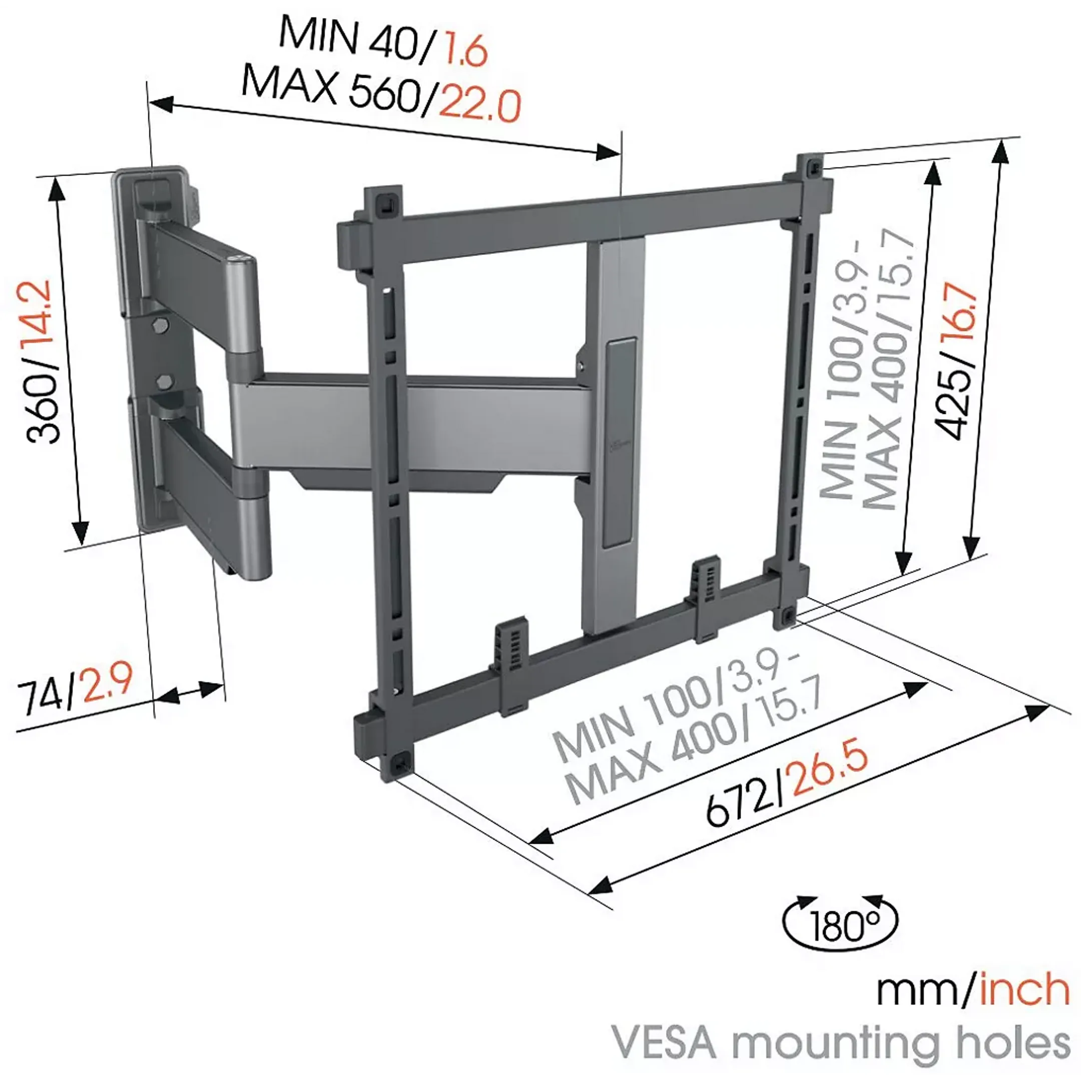 Support mural TV ELITE TVM 5445 - 32" à 65" - Noir
