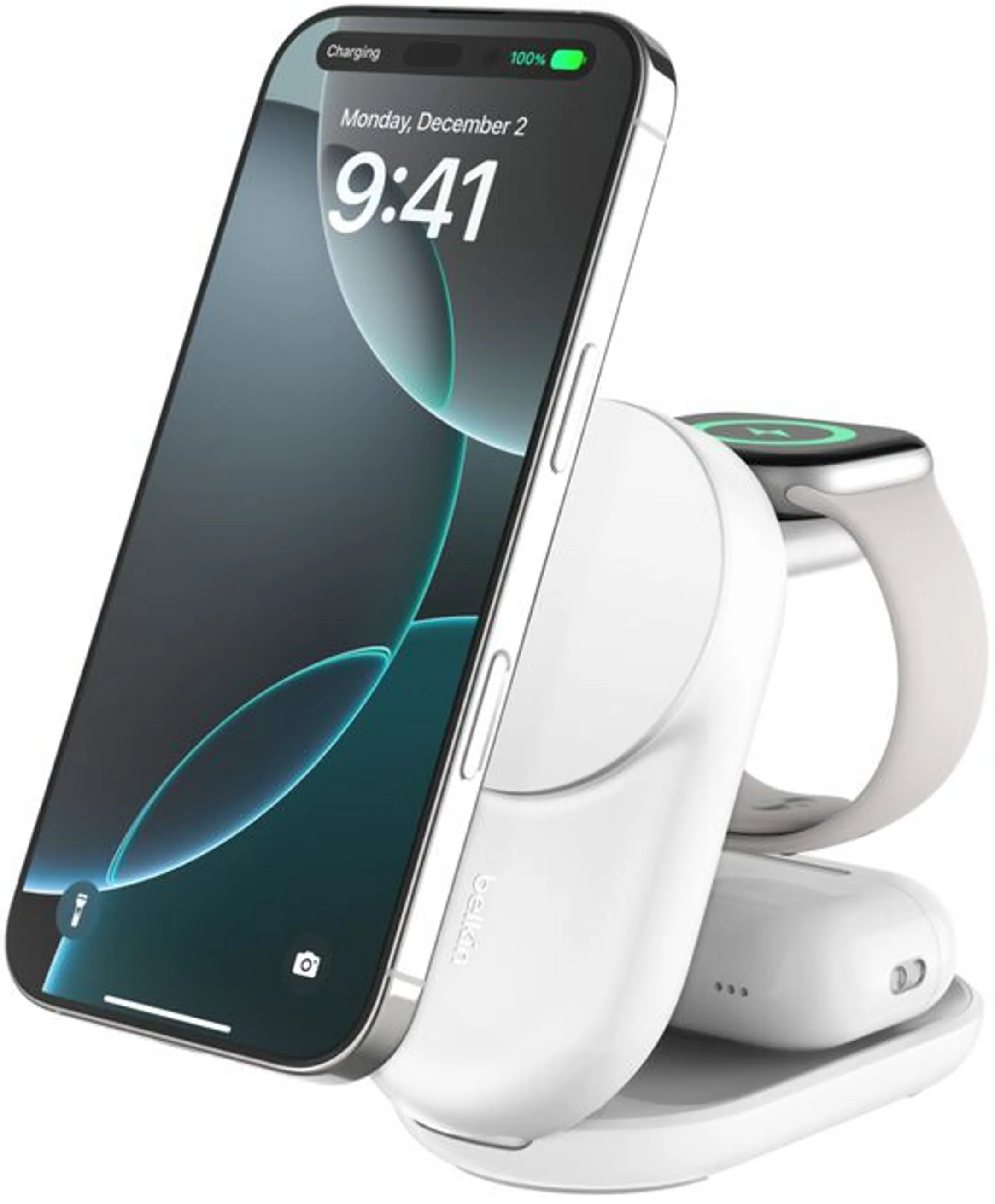 Socle de recharge 3-en-1 aimantée pliable Qi2 - 25W - Blanc