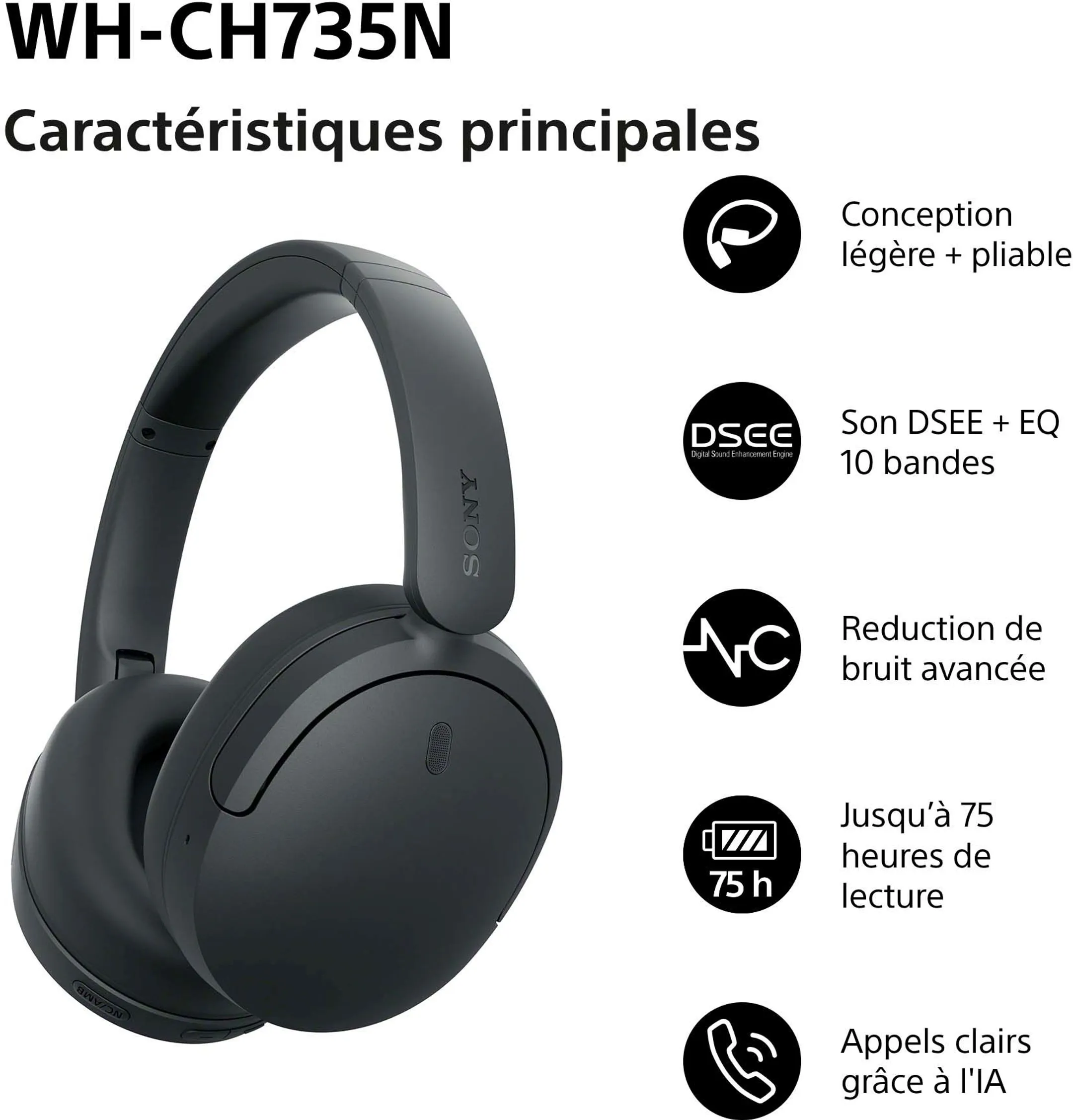 Kabelloses Headset WH-CH735N Schwarz