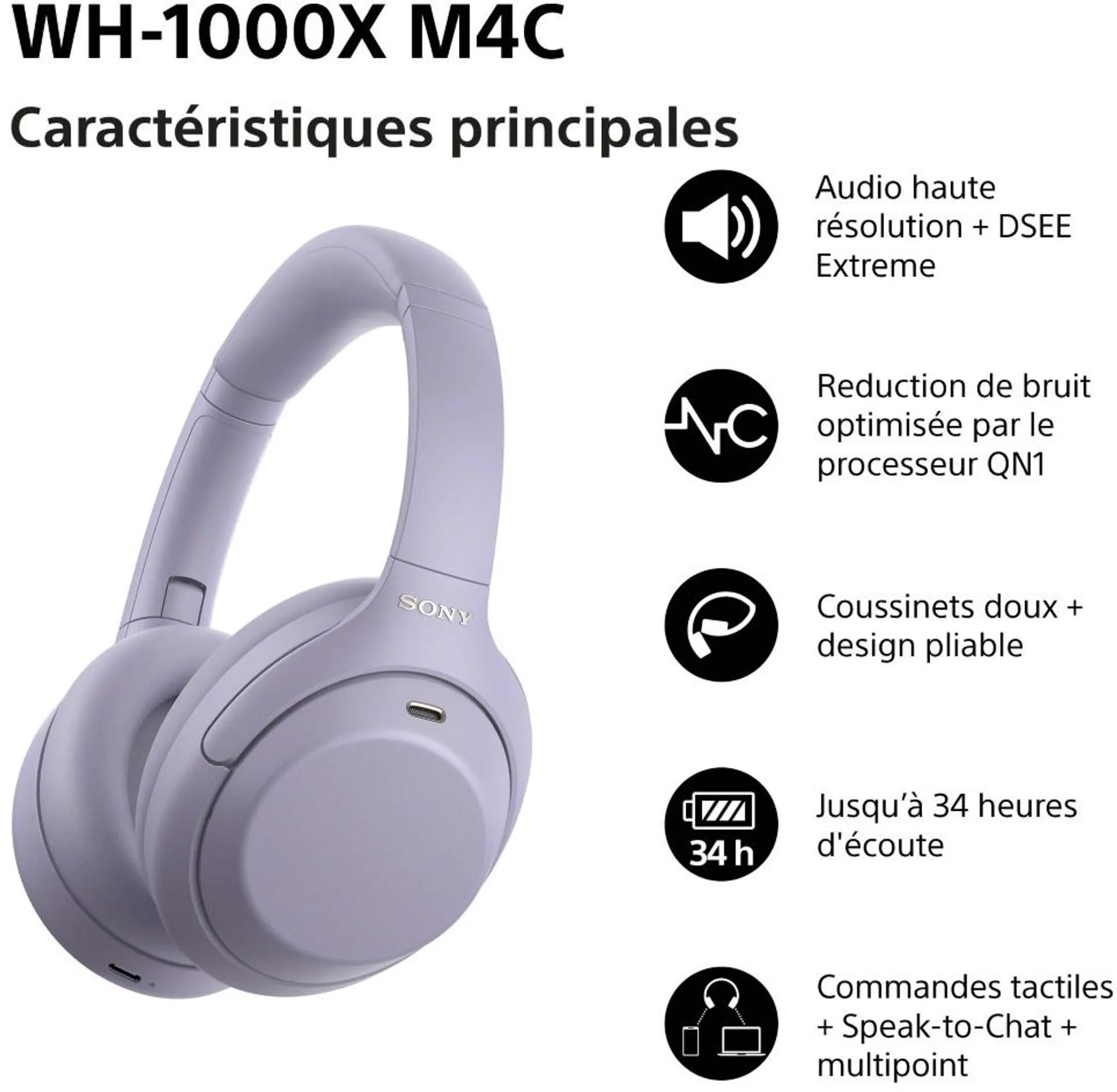 Kabellose Kopfhörer WH-1000XM4C Lila